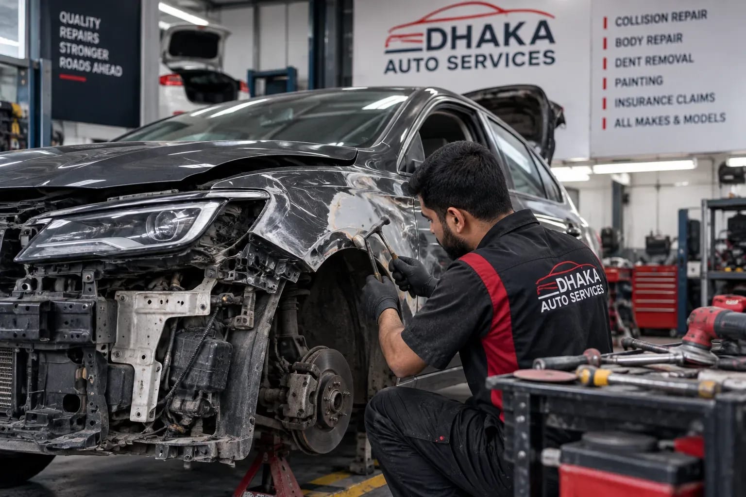 Collision-damaged vehicle undergoing body-panel repair in a workshop
