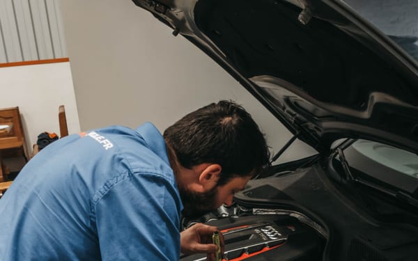 A technician using a diagnostic tablet at an open car hood