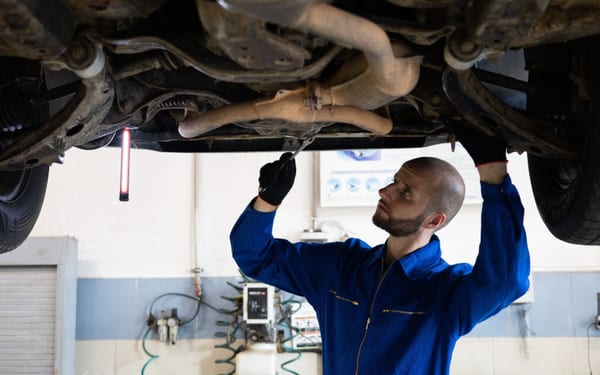 A mechanic inspecting a car's exhaust system from underneath